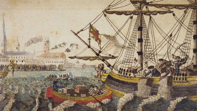 Boston Tea Party showing large ship and smaller one carrying tea