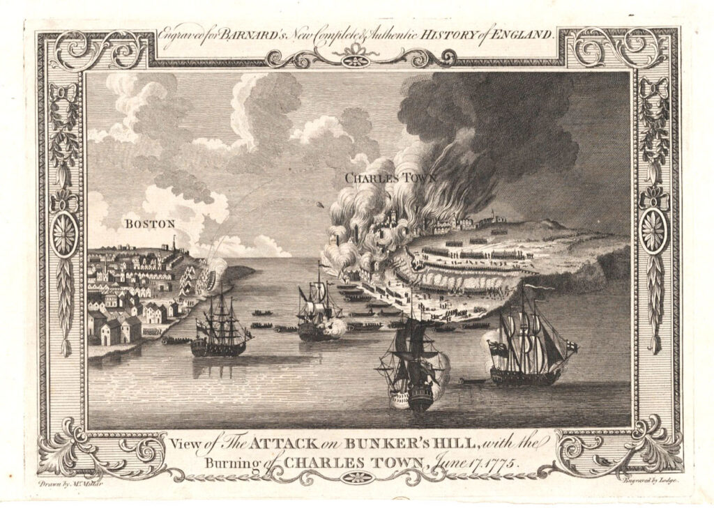 Burning of Charles Town harbour - shows Charles Town on fire