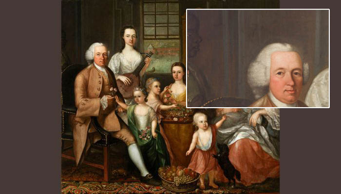 A young Black child, enslaved by Glasgow tobacco lord John Glassford, stands in this family portrait. Once obscured by dirt, he was revealed in 2007.