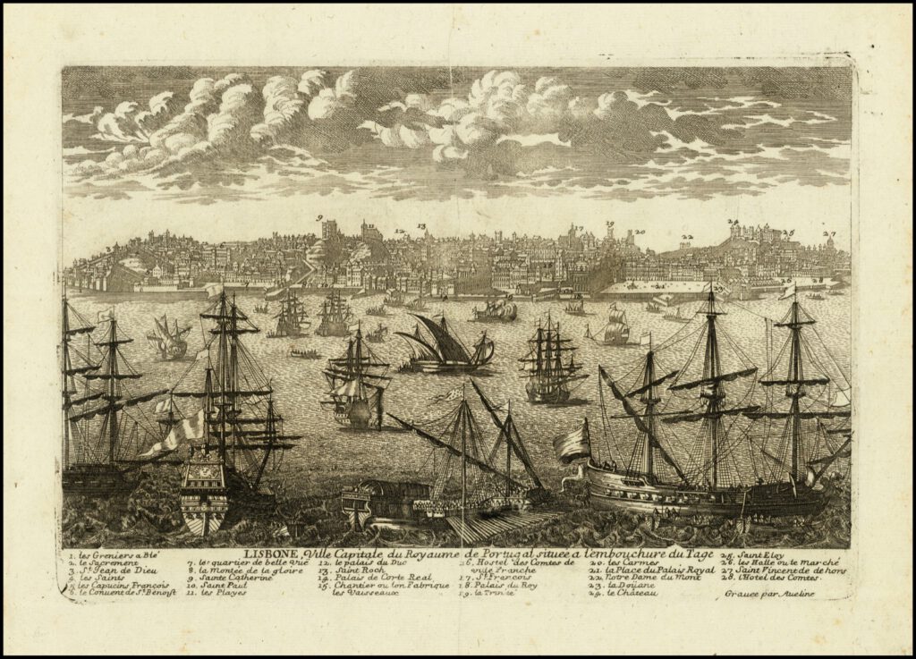 Ships in harbour at Lison. TItle: “Lisbon, Ville Capitale de Royaume du Portugal,” engraving by Pierre Aveline, public domain