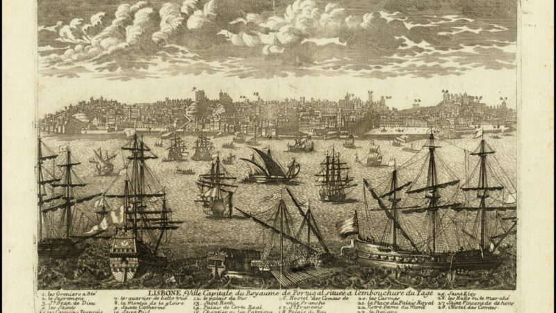 Ships in harbour at Lison. TItle: “Lisbon, Ville Capitale de Royaume du Portugal,” engraving by Pierre Aveline, public domain